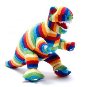 Knitted T Rex Bold Stripe Rattle Soft Toy