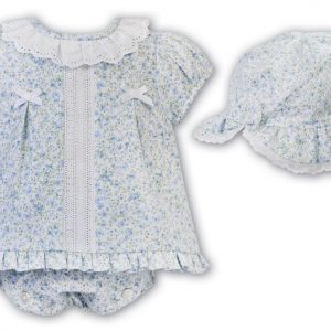 Sarah Louise Girls Ivory & Blue Floral Cotton & Lace Dress