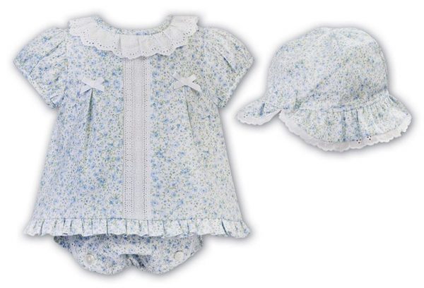 Sarah Louise Girls Ivory & Blue Floral Cotton & Lace Dress