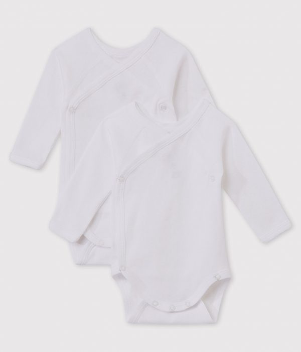Babies' White Long-sleeved Wrapover Organic Cotton Bodysuits - 2-Pack