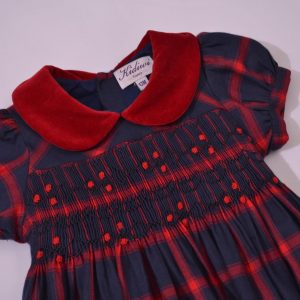 Navy and Red Velvet Collar smocked dress by Kidiwi