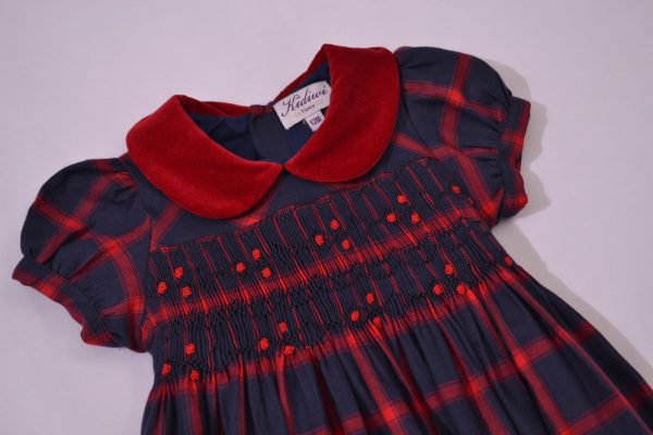 Navy and Red Velvet Collar smocked dress by Kidiwi