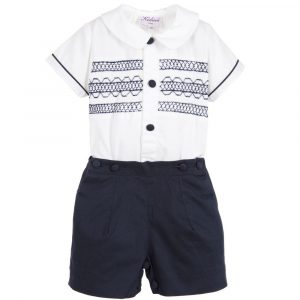 Boys White Shirt & Blue Cotton Shorts by Kidiwi