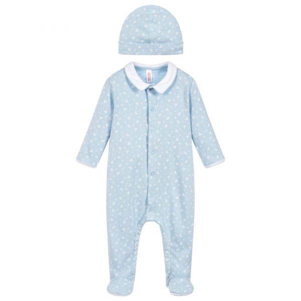 Boys Blue Cotton Babygrow and Hat Petit Bateau