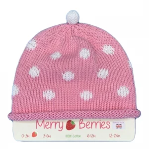 Merry Berries Pink white spot knitted baby hat