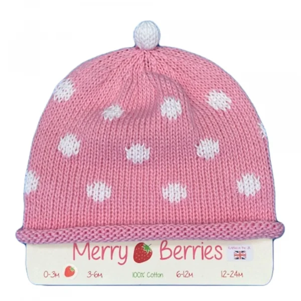 Merry Berries Pink white spot knitted baby hat