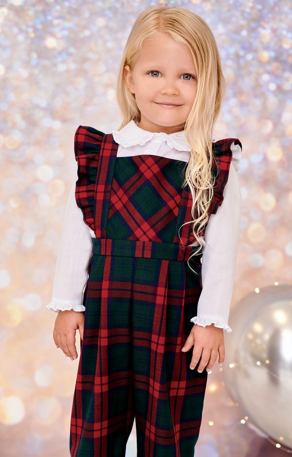 Sarah Louise Red and Green Tartan Dungaree Blouse Set