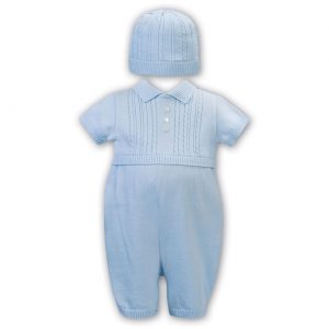 Baby Boys Blue Knit Romper And Hat Set Sarah Louise